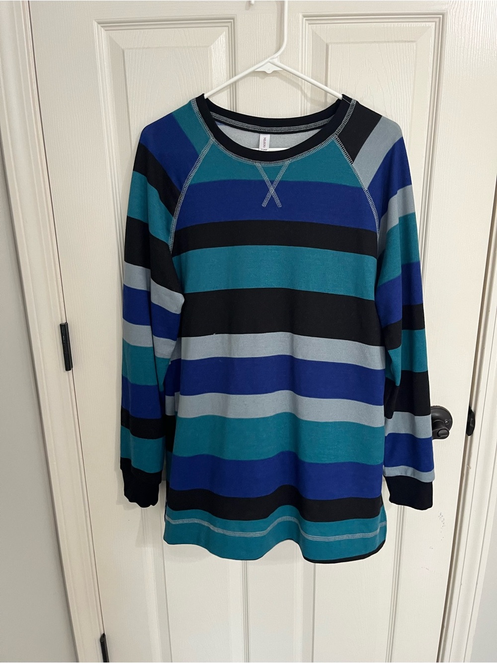 Striped Long-Sleeve Crewneck Tee in Teal, Blue & Black